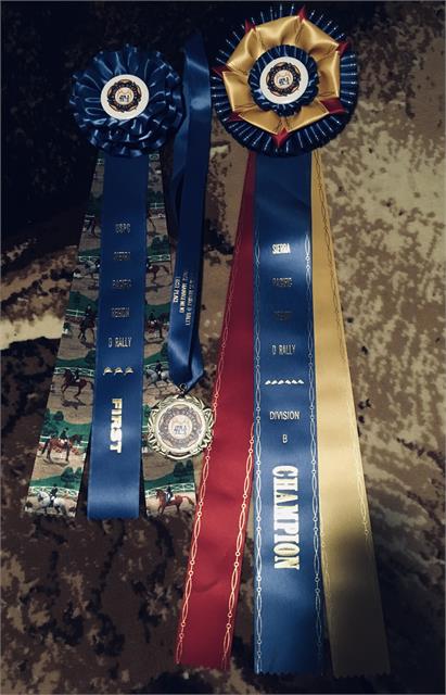 Photo of Sierra Paciifc Region D Rally 2019 1st Place Ribbon, First Place Medal for Horse Management, and Champion Division B Ribbon